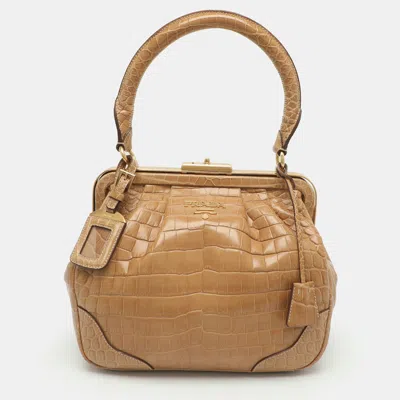 Pre-owned Prada Beige Crocodile Leather Frame Top Handle Bag