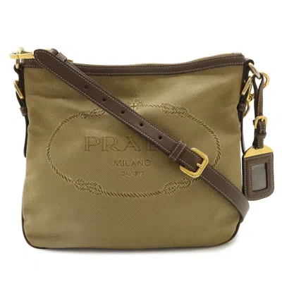 Pre-owned Prada Beige Dark Brown Khaki Canvas Leather Clutch Bag Shoulder Bag () In Beige, Dark Brown, Khaki