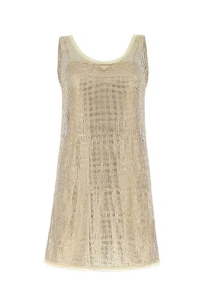 PRADA BEIGE EMBELLISHED MESH MINI DRESS