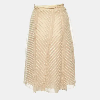Pre-owned Prada Beige Embroidered Chiffon Midi Skirt M