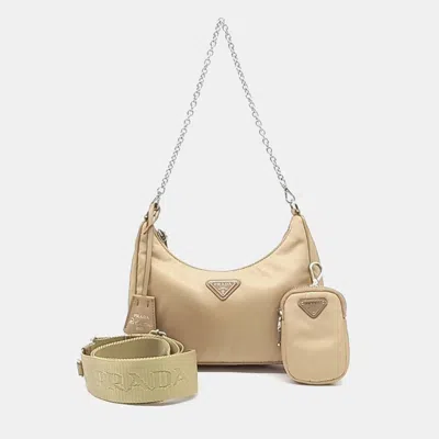 Pre-owned Prada Beige Fabric Tessuto Chain Strap Hobo Bag