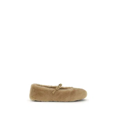 Prada Beige Lamb Ovis Aries Aries Ballet Flats In Brown