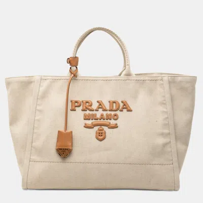 Pre-owned Prada Beige Large Linen And Vitello Logo Tote In Sand