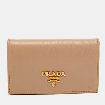 Pre-owned Prada Beige Leather Logo Card Case