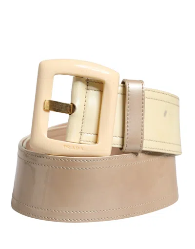 Pre-owned Prada Beige Leather Logo Wide Waist Women Square Buckle Women's Belt ()
