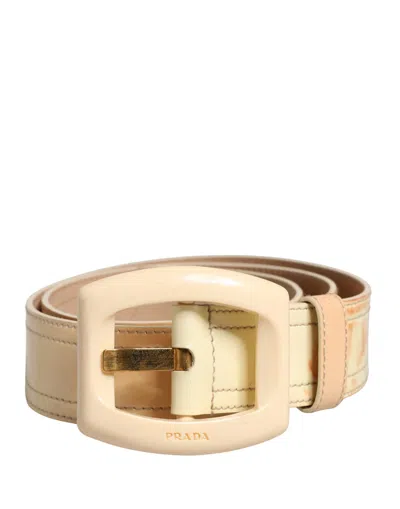 Pre-owned Prada Beige Leather Logo Wide Waist Women Square Buckle Women's Belt ()