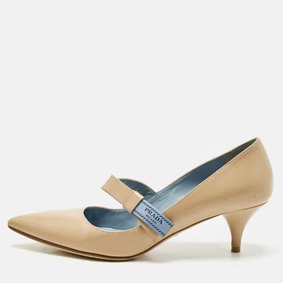 Pre-owned Prada Beige Leather Pointed Toe Mary Jane Bow Pumps Size 38 In Sand