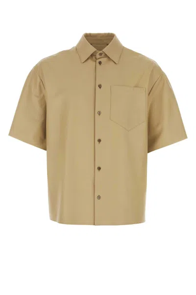 Prada Leather Shirt With Back Yoke And Chest Pocket In Beige O Tan