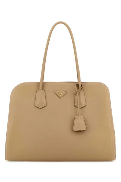 Prada Beige Leather Shopping Bag In Brown