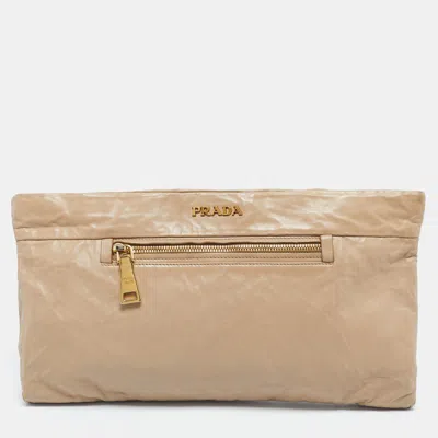 Pre-owned Prada Beige Leather Top Zip Clutch In Sand