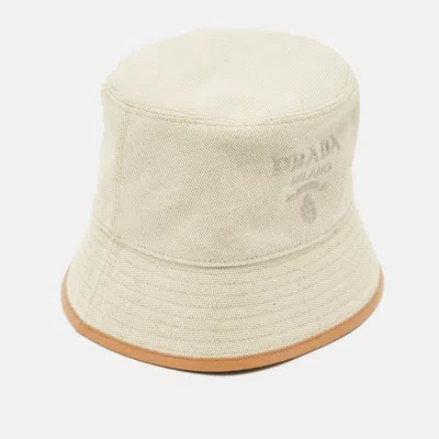 Pre-owned Prada Beige Linen Blend Bucket Hat M In Sand