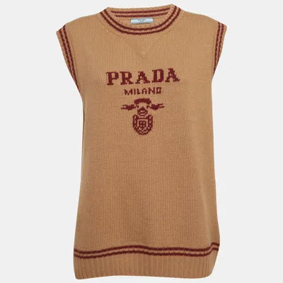 Pre-owned Prada Beige Logo Intarsia Rib Knit Sweater Vest M In Sand