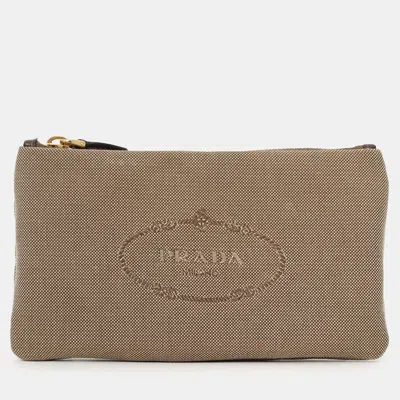Pre-owned Prada Beige Logo Jacquard Canapa Clutch In Sand