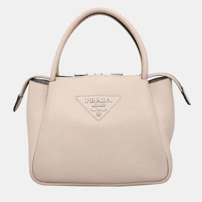 Pre-owned Prada Beige Logo Leather Top Handle Bag In Sand