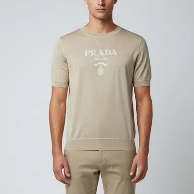 Pre-owned Prada Beige Logo Wool & Cashmere Knit Crew Neck Sweater L In Sand