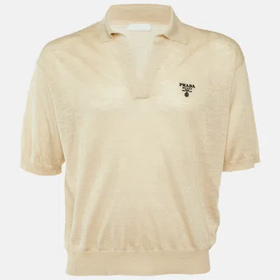 Pre-owned Prada Beige Melange Silk & Linen Knit Polo T-shirt S In Sand