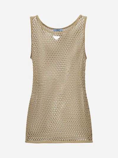 Prada Beige Mesh Cotton Tank Top In Green