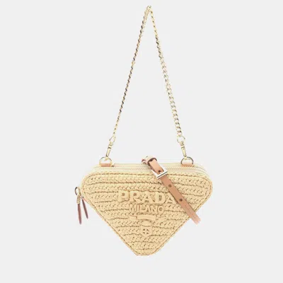 Pre-owned Prada Beige Mini Raffia Crochet Logo Embroidered Triangle Pouch In Sand