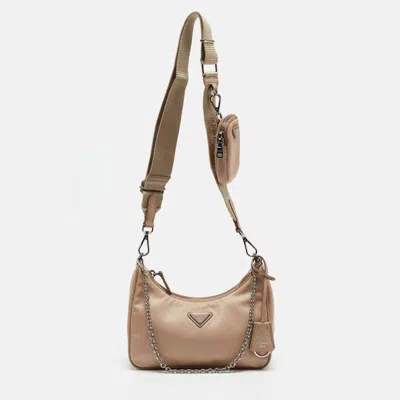 Pre-owned Prada Beige Nylon And Leather Re-edition 2005 Baguette Bag