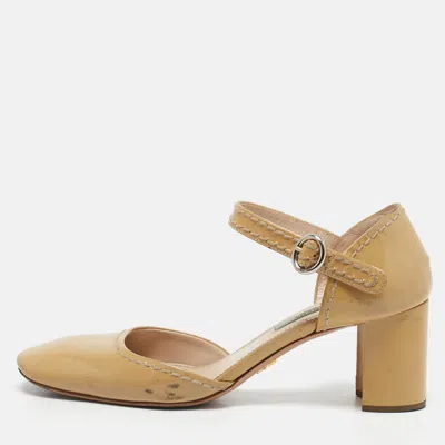 Pre-owned Prada Beige Patent Leather Block Heel Mary Jane Pumps Size 39
