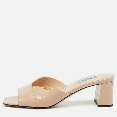 Pre-owned Prada Beige Patent Leather Block Heel Open Toe Slide Sandals Size 39