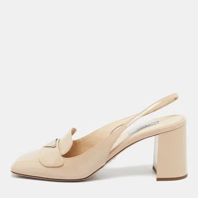 Pre-owned Prada Beige Patent Leather Block Heel Slingback Pumps Size 40.5 In White