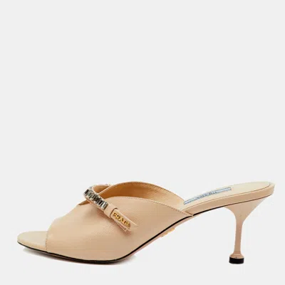 Pre-owned Prada Beige Patent Leather Bow Open Toe Slide Sandals Size 40