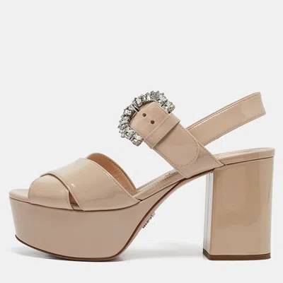 Pre-owned Prada Beige Patent Leather Crystal Buckle Ankle Strap Sandals Size 36