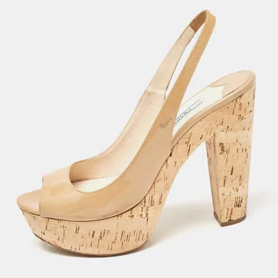 Pre-owned Prada Beige Patent Leather Open Toe Cork Platform Slingback Sandals Size 38