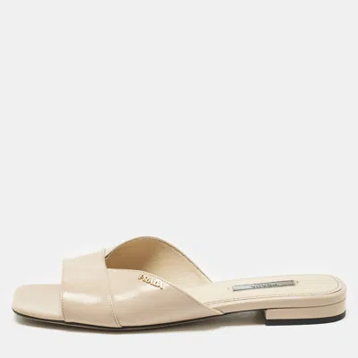 Pre-owned Prada Beige Patent Saffiano Leather Flat Slides Size 38.5