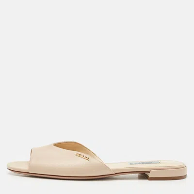 Pre-owned Prada Beige Patent Saffiano Leather Flat Slides Size 38.5