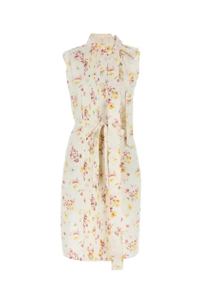 Prada Beige Pleated Floral-print Poplin Shirtdress In Neutral