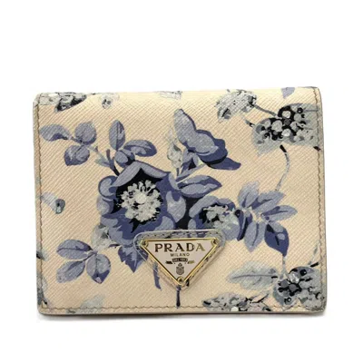 Pre-owned Prada Beige Purple Saffiano Triangle Leather Wallet (bi-fold) () In Beige, Purple