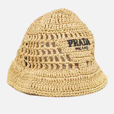 Pre-owned Prada Beige Raffia Bucket Hat M In Transparent