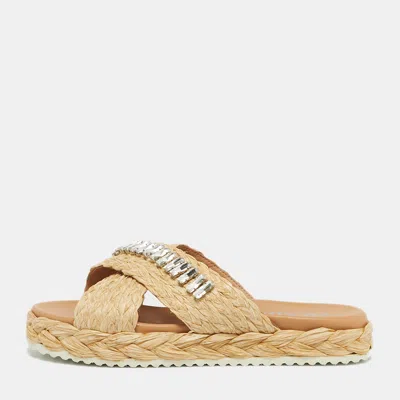 Pre-owned Prada Beige Raffia Crystal Embellished Platform Slide Sandals Size 36