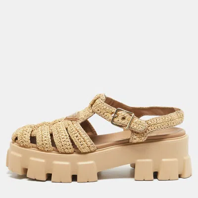 Pre-owned Prada Beige Raffia Monolith Platform Sandals Size 40