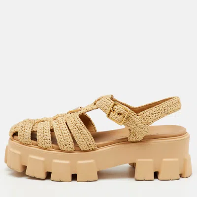 Pre-owned Prada Beige Raffia Monolith Platform Sandals Size 40
