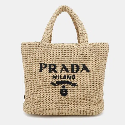 Pre-owned Prada Beige Raffia Small Crochet Tote Bag