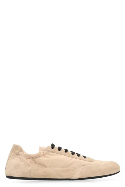 PRADA PRADA BEIGE RE-NYLON AND SUEDE COLLAPSE SNEAKERS
