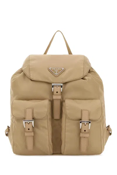 Prada Beige Re-nylon Small Backpack In Brown