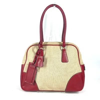 Pre-owned Prada Beige Red Color Leather Canvas Boston Bag Shoulder Bag ()