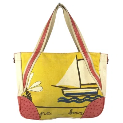 Pre-owned Prada Beige Red Color Yellow Leather Canvas Shoulder Bag Tote Bag () In Beige, Red Color, Yellow