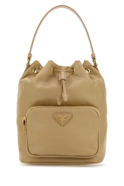 Prada Beige Re-nylon Duet Bucket Bag In Brown