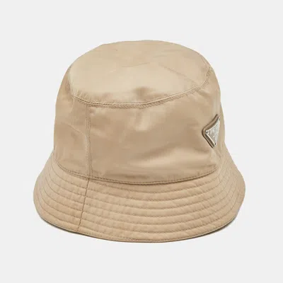 Pre-owned Prada Beige Re-nylon Triangle Logo Bucket Hat M