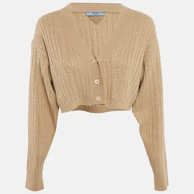 Pre-owned Prada Beige Rib Knit Rhinestones Cardigan M
