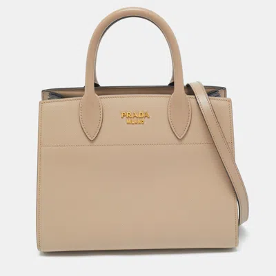 Pre-owned Prada Beige Saffiano Cuir Leather Bibliotheque Tote In Sand