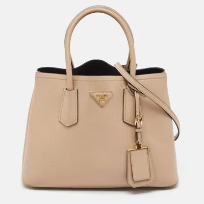 Prada Structured Leather Top Handle Shoulder Bag In Beige