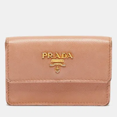 Pre-owned Prada Beige Saffiano Leather Card Case In Sand