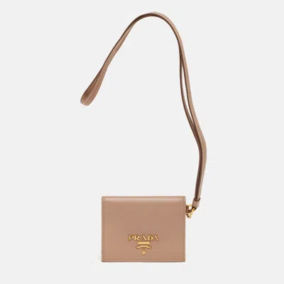 Pre-owned Prada Beige Saffiano Leather Card Holder In Sand