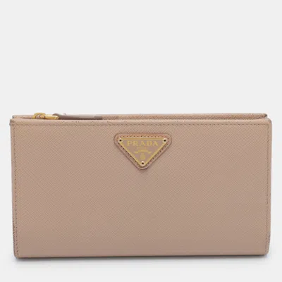 Pre-owned Prada Beige Saffiano Leather Continental Wallet In Sand